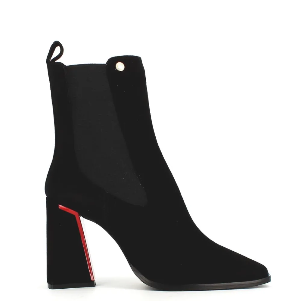 Cinders Shoe Heaven Ankle*Poletto Suede Ankle Boot with Red Trim Black