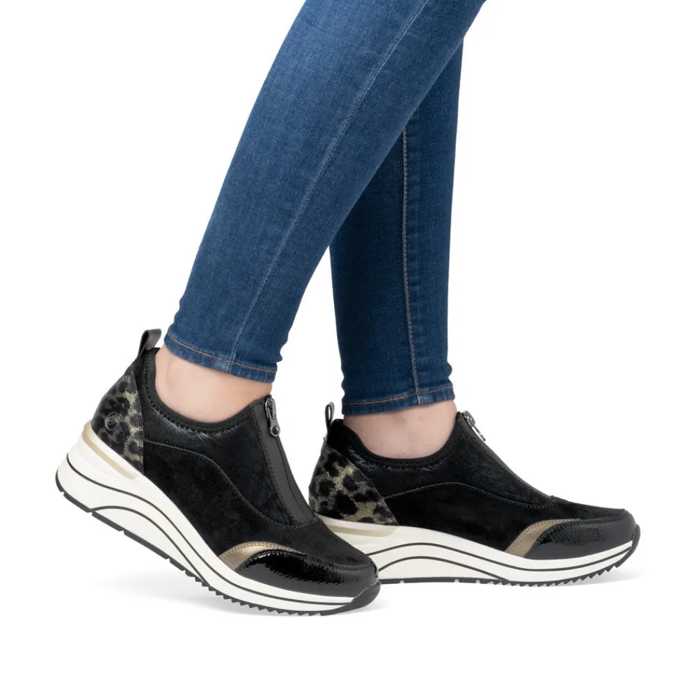 Cinders Shoe Heaven Trainers | Wedge*Remonte Casual Wedge Black Micro Print