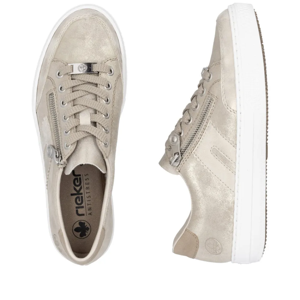 Cinders Shoe Heaven Trainers*Rieker Classic Zip Trainer Nude/ Light Gold