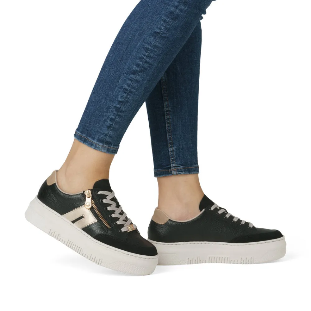 Cinders Shoe Heaven Trainers*Rieker Flatform Zip Trainer Black/Beige