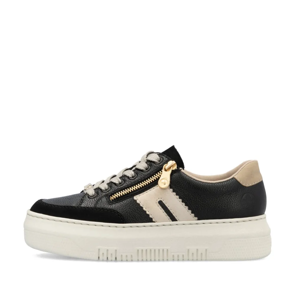 Cinders Shoe Heaven Trainers*Rieker Flatform Zip Trainer Black/Beige