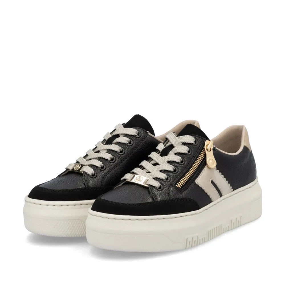 Cinders Shoe Heaven Trainers*Rieker Flatform Zip Trainer Black/Beige