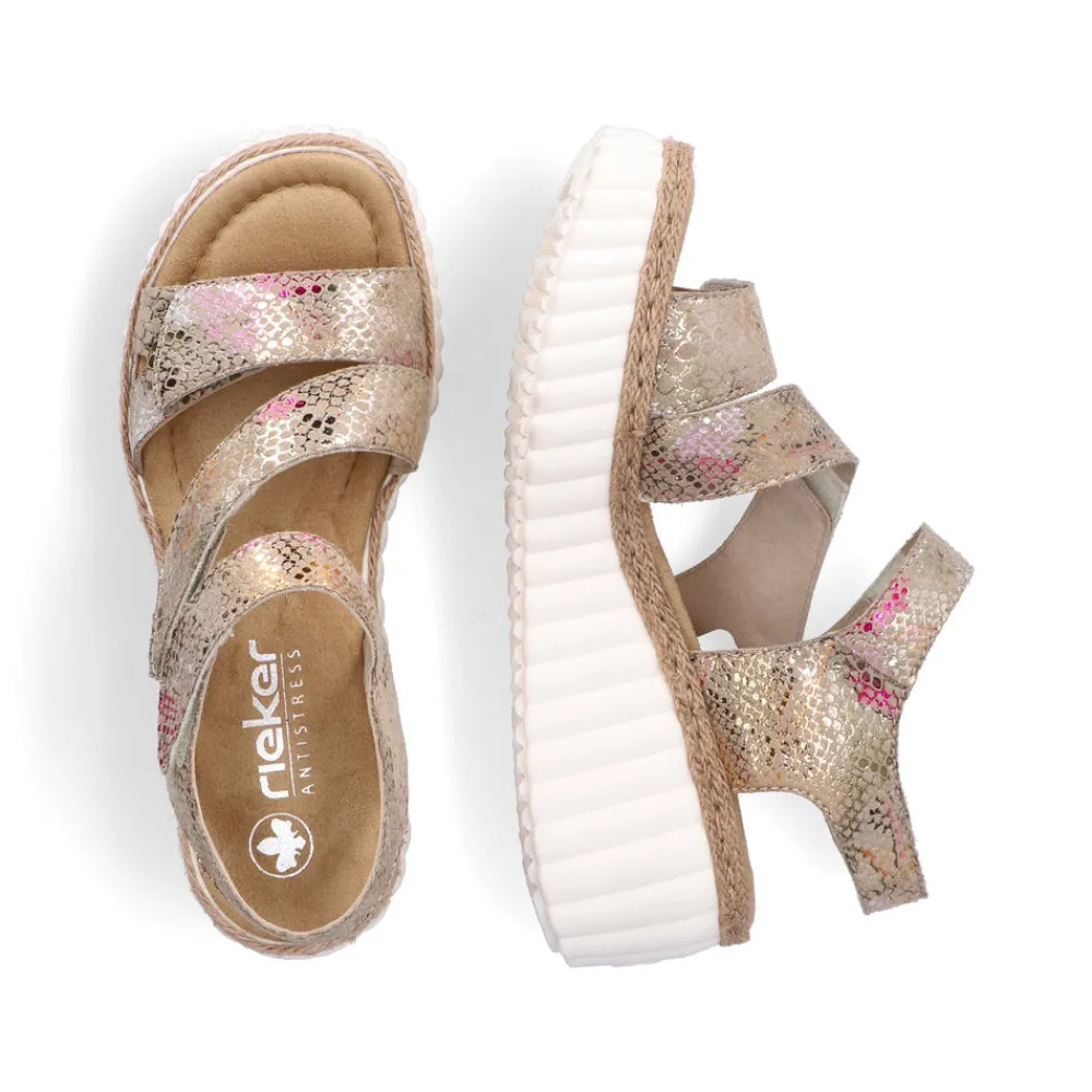 Cinders Shoe Heaven Wedge Sandals*Rieker Strappy Wedge Sandal Bronze Multi