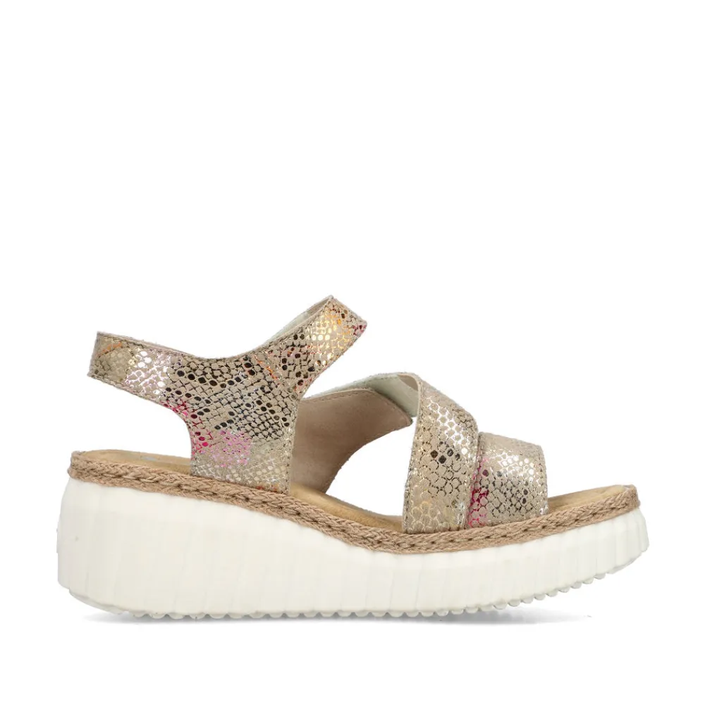 Cinders Shoe Heaven Wedge Sandals*Rieker Strappy Wedge Sandal Bronze Multi