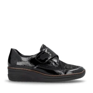 Cinders Shoe Heaven Wedge*Rieker Velcro Wedge Shoe Black Patent