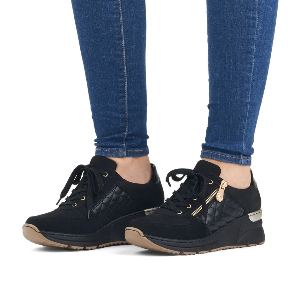 Cinders Shoe Heaven Trainers*Rieker Wedge Trainer Black/Gold