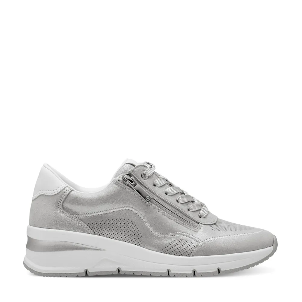 Cinders Shoe Heaven Trainers*Tamaris Laced Wedge Trainer with Zip Silver