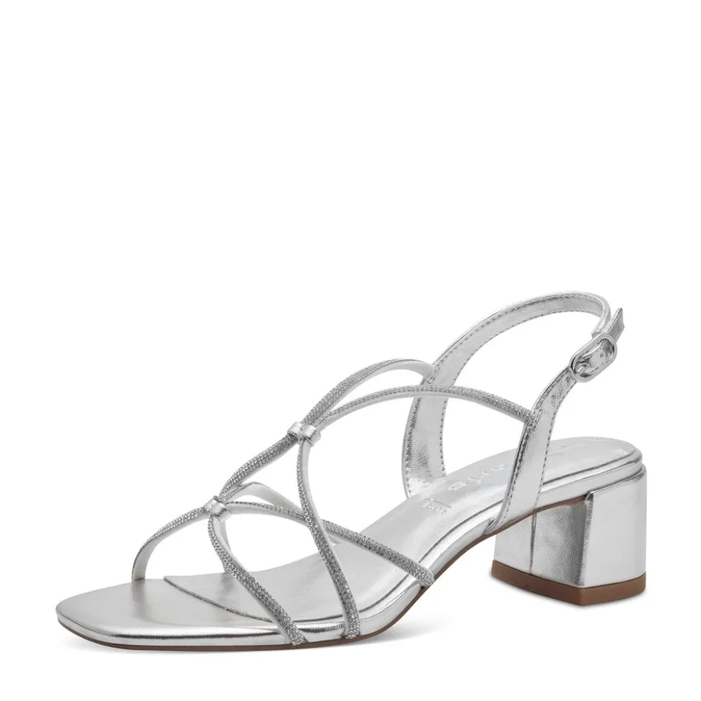 Cinders Shoe Heaven Heeled*Tamaris Strappy Low Sandal with Diamante Trim Silver