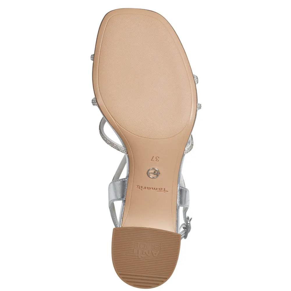 Cinders Shoe Heaven Heeled*Tamaris Strappy Low Sandal with Diamante Trim Silver