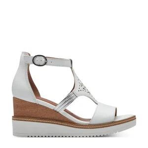 Cinders Shoe Heaven Wedge Sandals*Tamaris T-Bar Leather Wedge Sandal White