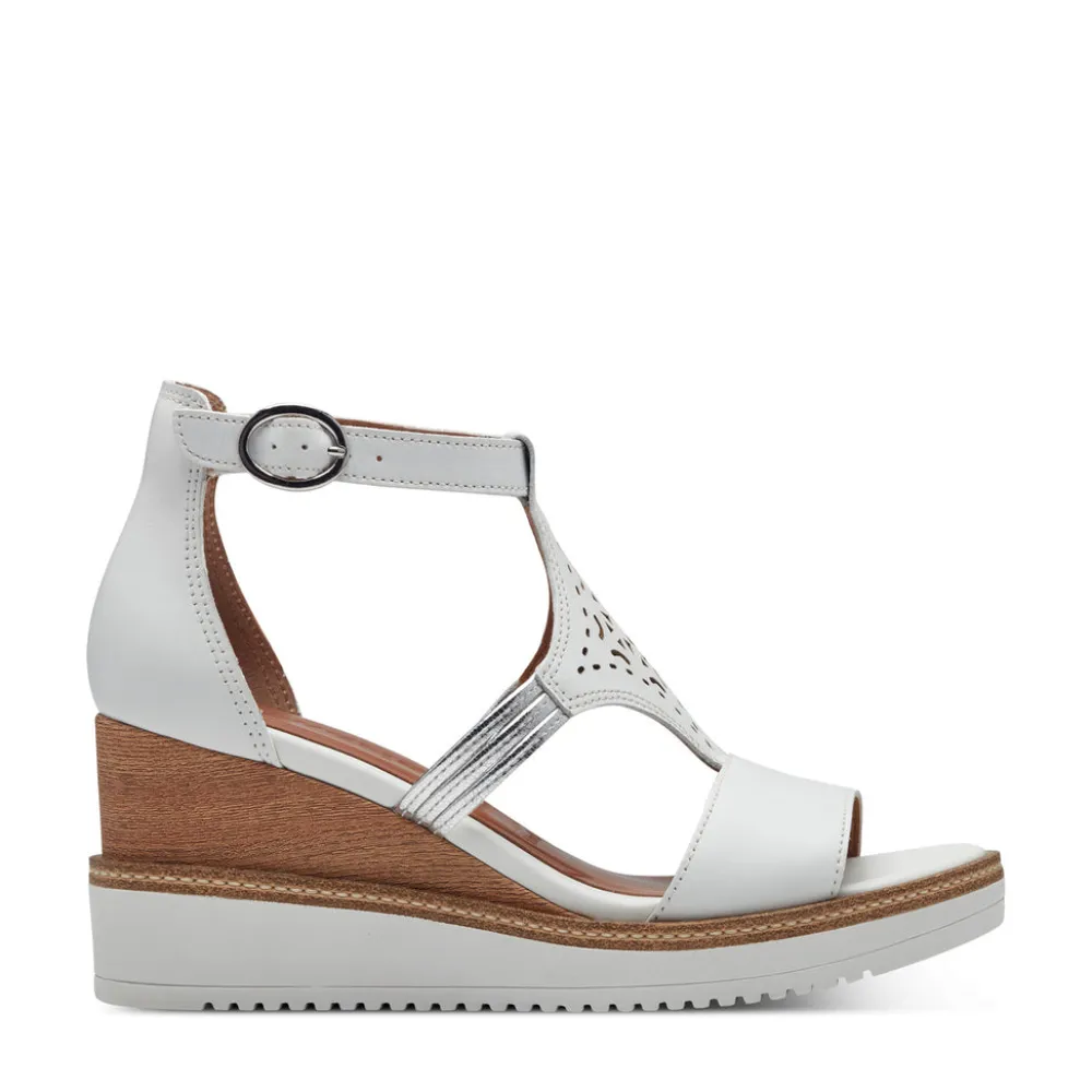 Cinders Shoe Heaven Wedge Sandals*Tamaris T-Bar Leather Wedge Sandal White