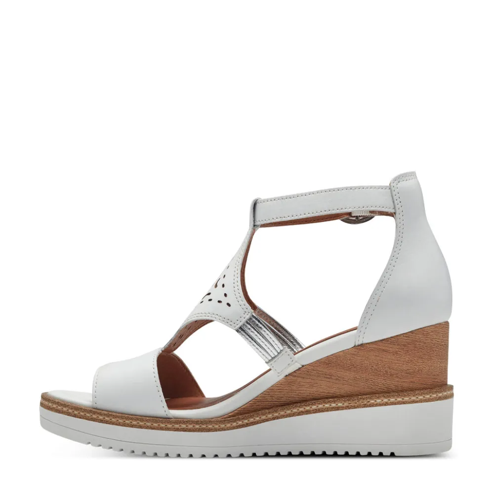 Cinders Shoe Heaven Wedge Sandals*Tamaris T-Bar Leather Wedge Sandal White