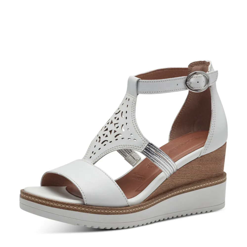 Cinders Shoe Heaven Wedge Sandals*Tamaris T-Bar Leather Wedge Sandal White