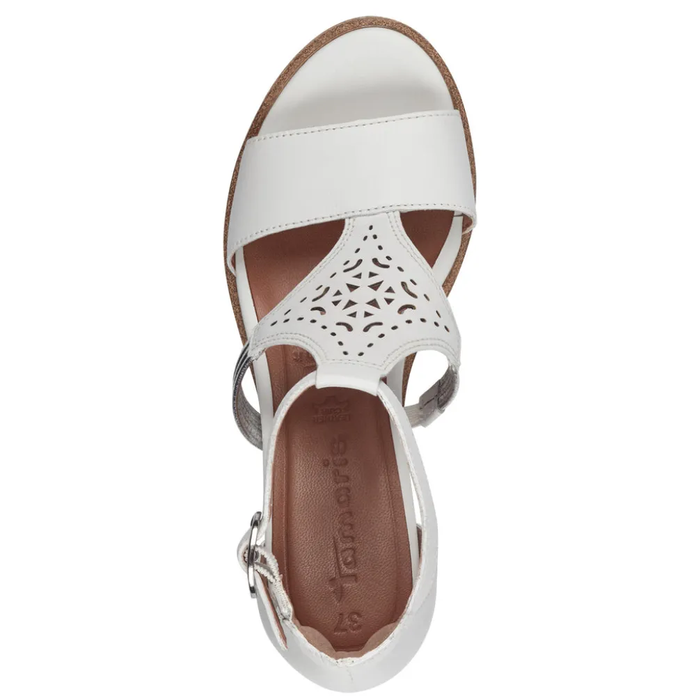 Cinders Shoe Heaven Wedge Sandals*Tamaris T-Bar Leather Wedge Sandal White